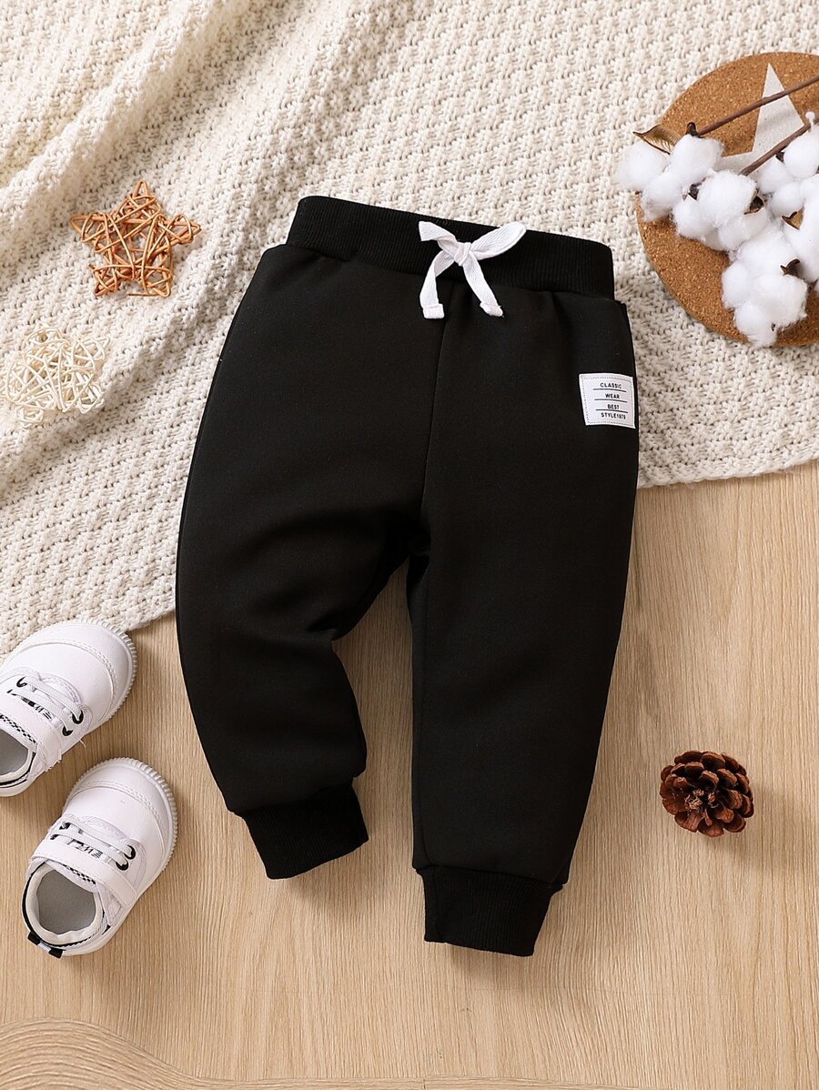 Baby 1pc Letter Patched Detail Knot Front Thermal Joggers - Black - View 1