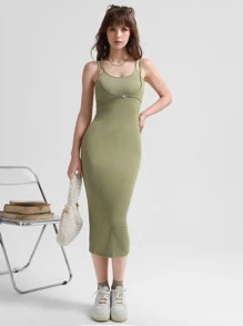 SHEIN MOD 素色二合一吊帶緊身連衣裙 - 青檸色 - 查看 1