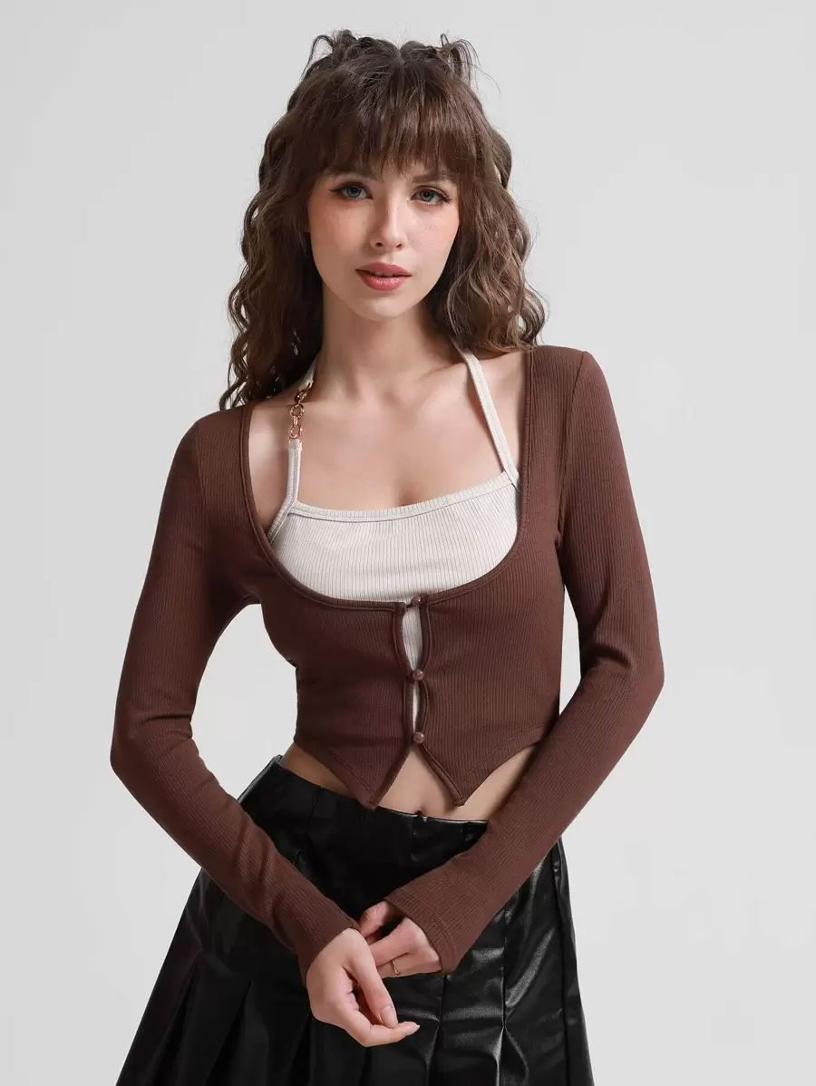 SHEIN MOD Colourblock Asymmetrical Hem Halter Neck Tee - Coffee Brown - View 1