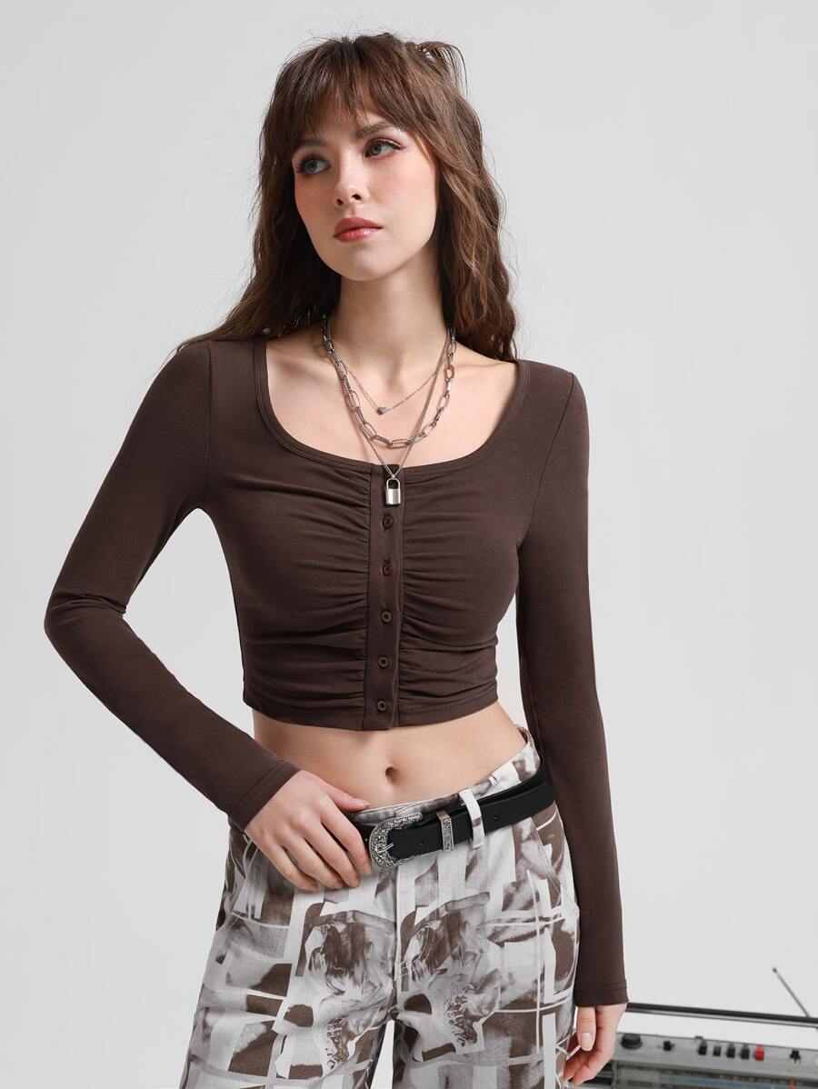 SHEIN MOD Ruched Front Scoop Neck Crop Tee - Chocolate Brown - View 1