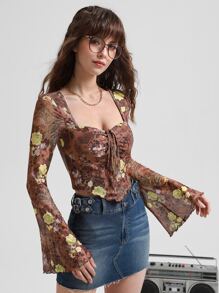 SHEIN MOD 印花前繫帶荷葉袖手帕下擺短款T恤 - 彩色 - 查看 1