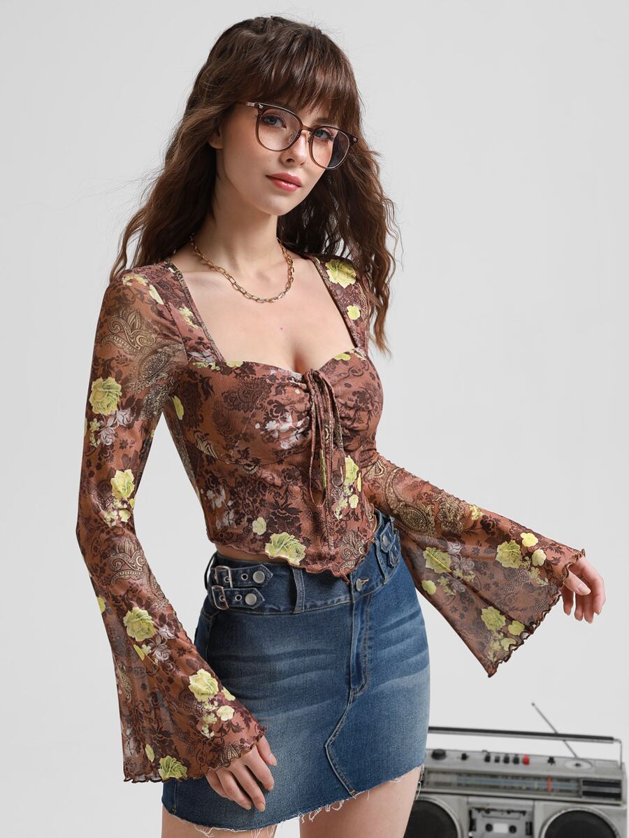 SHEIN MOD 印花前繫帶荷葉袖手帕下擺短款T恤 - 彩色 - 查看 1
