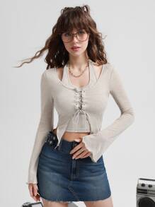 SHEIN MOD Lettuce Trim Lace Up Front Asymmetrical Hem 2 In 1 Tee - Beige - View 2