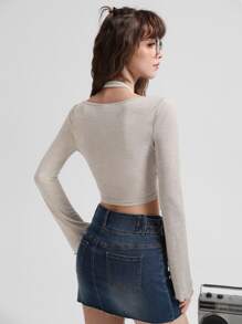 SHEIN MOD Lettuce Trim Lace Up Front Asymmetrical Hem 2 In 1 Tee - Beige - View 6