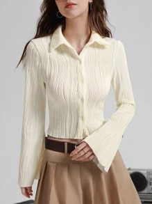 SHEIN MOD Solid Button Front Crop Tee - Beige - View 1