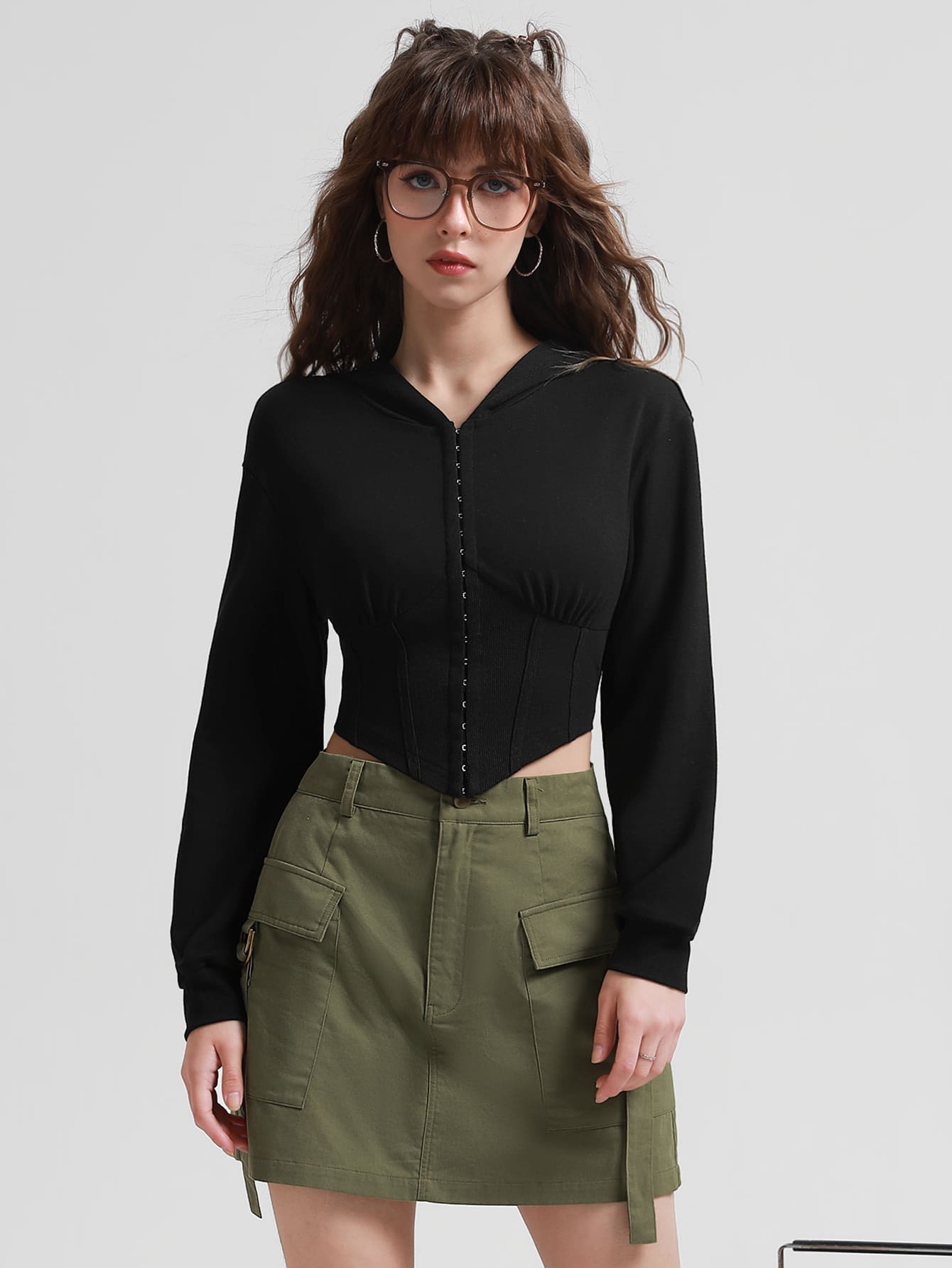 SHEIN MOD Hook And Eye Hoodie - Black - View 1