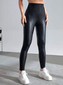 SHEIN Essnce 素色PU皮打底褲 - 黑色 - 查看 4