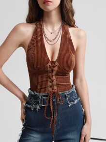 SHEIN MOD Top halter con cordón delantero - Óxido marrón - Ver 2