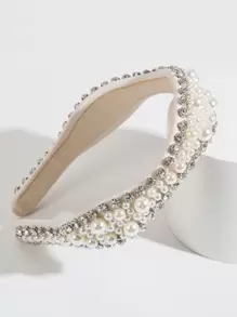 1入組女士水鑽和人造珍珠裝飾精美髮箍適合派對 - 米色 - 查看 2
