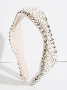 1入組女士水鑽和人造珍珠裝飾精美髮箍適合派對 - 米色 - 查看 1