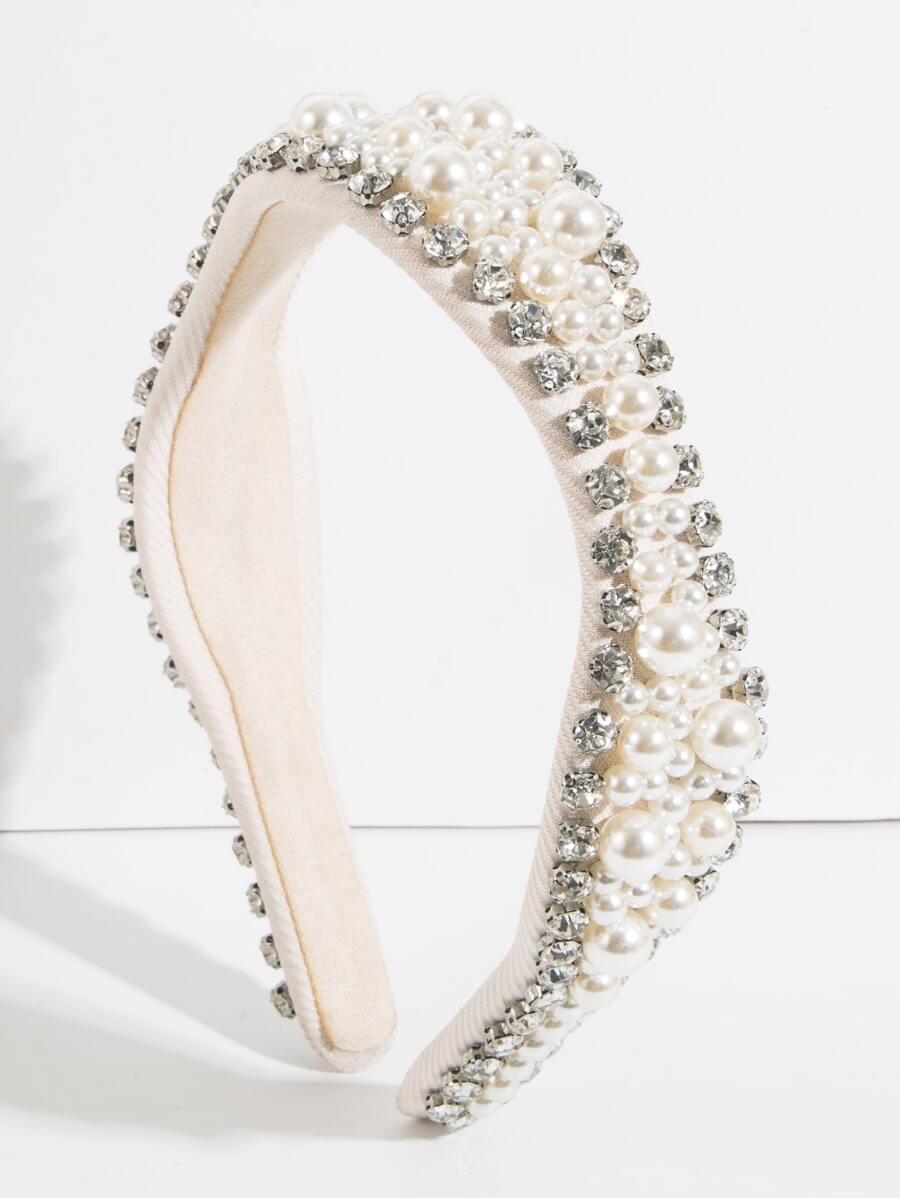 1入組女士水鑽和人造珍珠裝飾精美髮箍適合派對 - 米色 - 查看 1