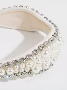 1入組女士水鑽和人造珍珠裝飾精美髮箍適合派對 - 米色 - 查看 3