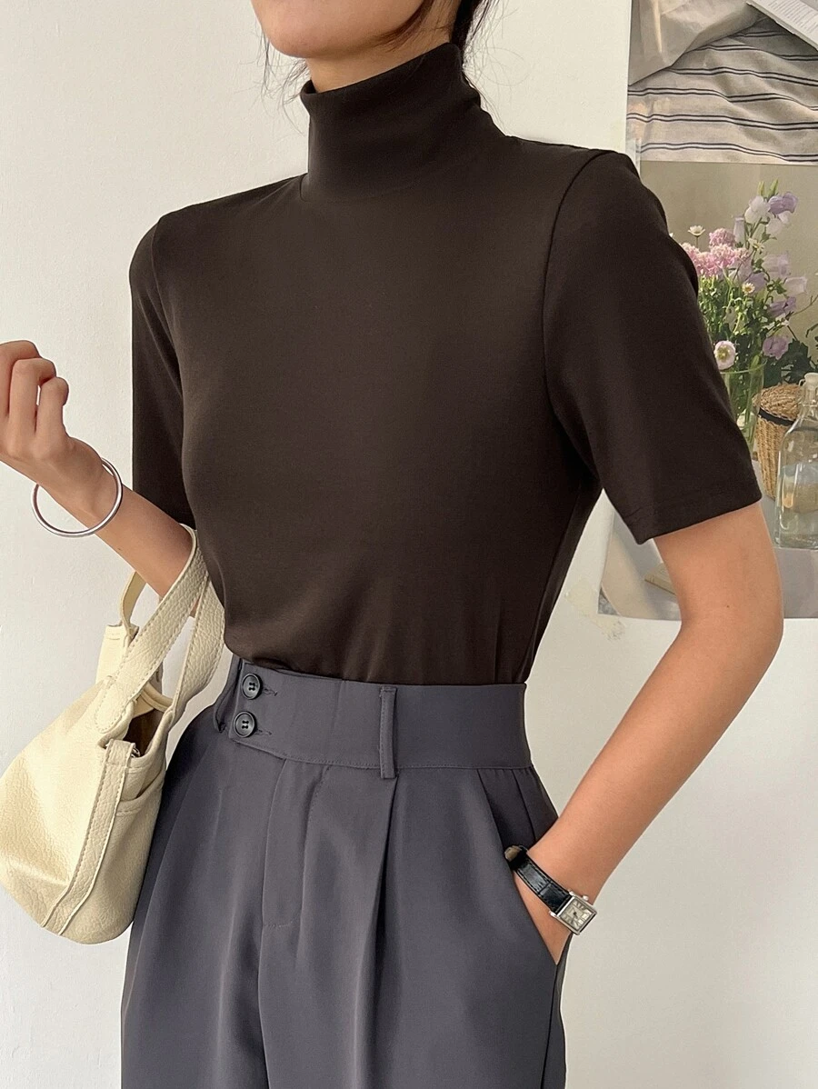 DAZY Áo thun nữ màu trơn Giải trí - Cà phê nâu - Xem 1