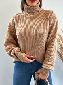 EURMUSE Jersey cuello alto de hombros caídos - Camel - Ver 3