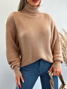 EURMUSE Jersey cuello alto de hombros caídos - Camel - Ver 4