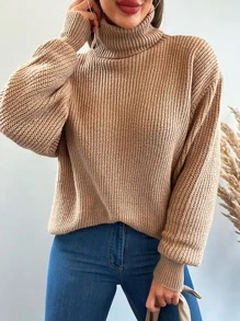 EURMUSE Jersey cuello alto de hombros caídos - Camel - Ver 5