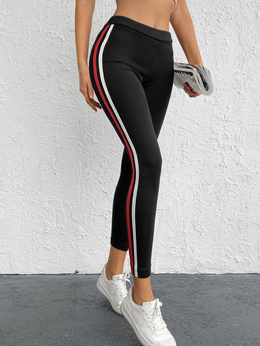 RueChic Contrast Tape Side Leggings - Black - View 1