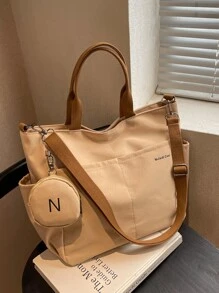 字母圖案購物袋帶零錢包 - 卡其色 - 查看 1