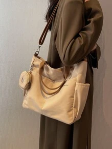 字母圖案購物袋帶零錢包 - 卡其色 - 查看 2