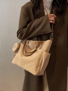 字母圖案購物袋帶零錢包 - 卡其色 - 查看 5