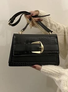 yating 鱷魚壓紋搭扣裝飾鏈條翻蓋方包 - 黑色 - 查看 1