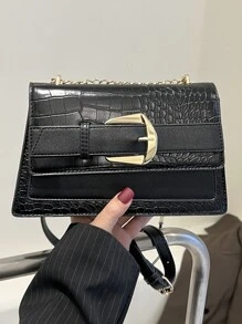 yating 鱷魚壓紋搭扣裝飾鏈條翻蓋方包 - 黑色 - 查看 2