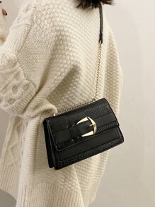 yating 鱷魚壓紋搭扣裝飾鏈條翻蓋方包 - 黑色 - 查看 6