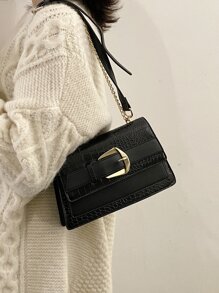 yating 鱷魚壓紋搭扣裝飾鏈條翻蓋方包 - 黑色 - 查看 7