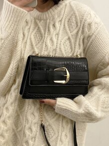 yating 鱷魚壓紋搭扣裝飾鏈條翻蓋方包 - 黑色 - 查看 8