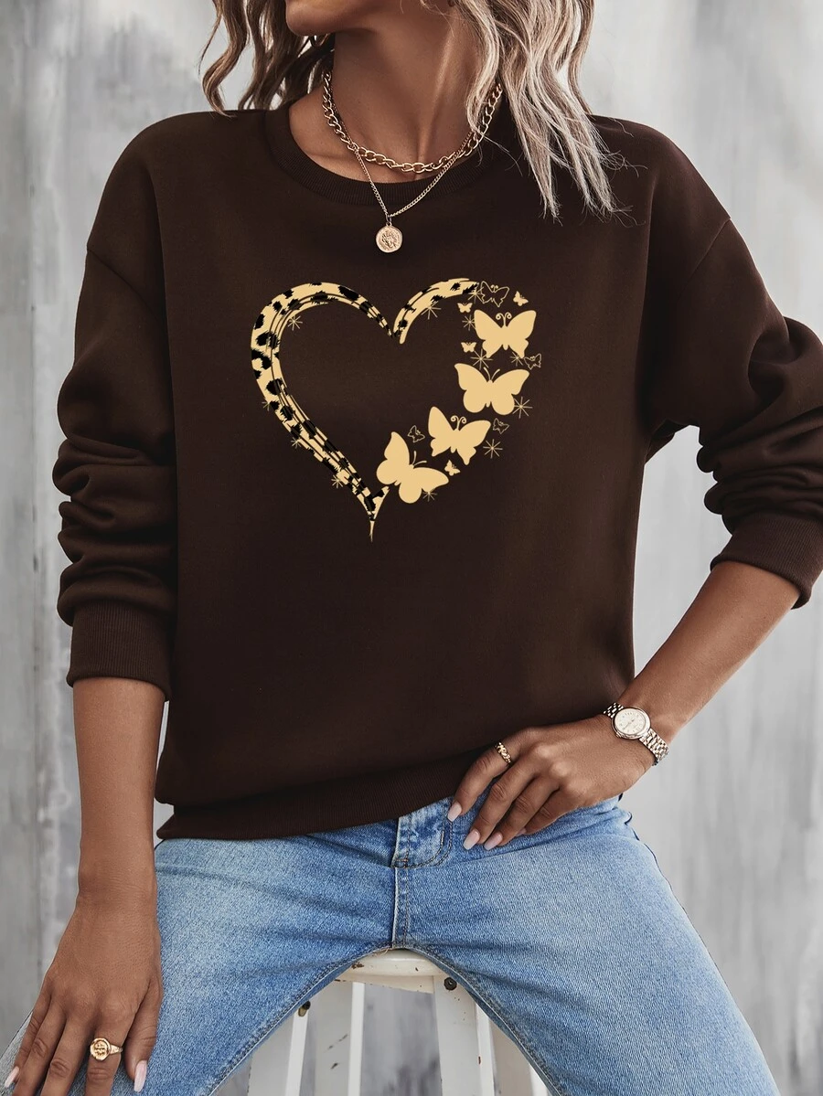 SHEIN Unity 心和蝴蝶圖案落肩袖運動衫 - 咖啡棕 - 查看 1