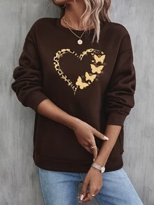 SHEIN Unity 心和蝴蝶圖案落肩袖運動衫 - 咖啡棕 - 查看 4