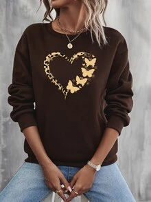 SHEIN Unity 心和蝴蝶圖案落肩袖運動衫 - 咖啡棕 - 查看 5