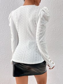 SHEIN Privé Eyelet Embroidery Gigot Sleeve Button Detail Tee - White - View 2