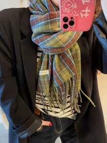 Plaid Pattern Fringe Trim Scarf - Multicolor - View 5