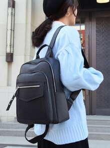 水鑽裝飾荔枝紋壓花功能背包 - 黑色 - 查看 3