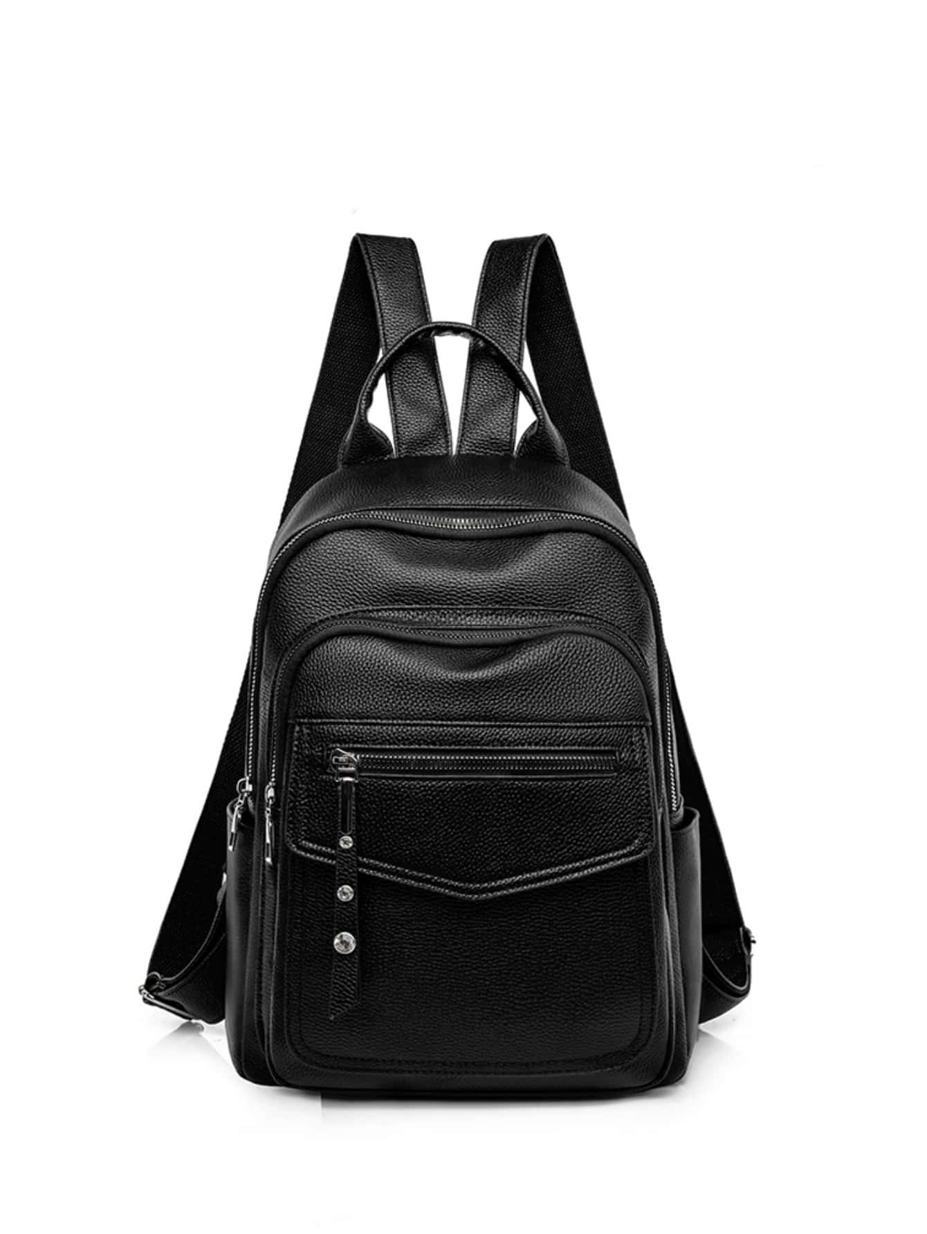 水鑽裝飾荔枝紋壓花功能背包 - 黑色 - 查看 1