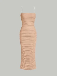 SHEIN MOD Chain Detail Ruched Cami Dress - Apricot - View 1