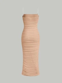 SHEIN MOD Chain Detail Ruched Cami Dress - Apricot - View 3