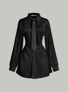 SHEIN MOD Vestido camisero de hombros caídos fruncido con corbata - Negro - Ver 1