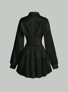 SHEIN MOD Vestido camisero de hombros caídos fruncido con corbata - Negro - Ver 2