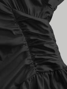 SHEIN MOD Vestido camisero de hombros caídos fruncido con corbata - Negro - Ver 4