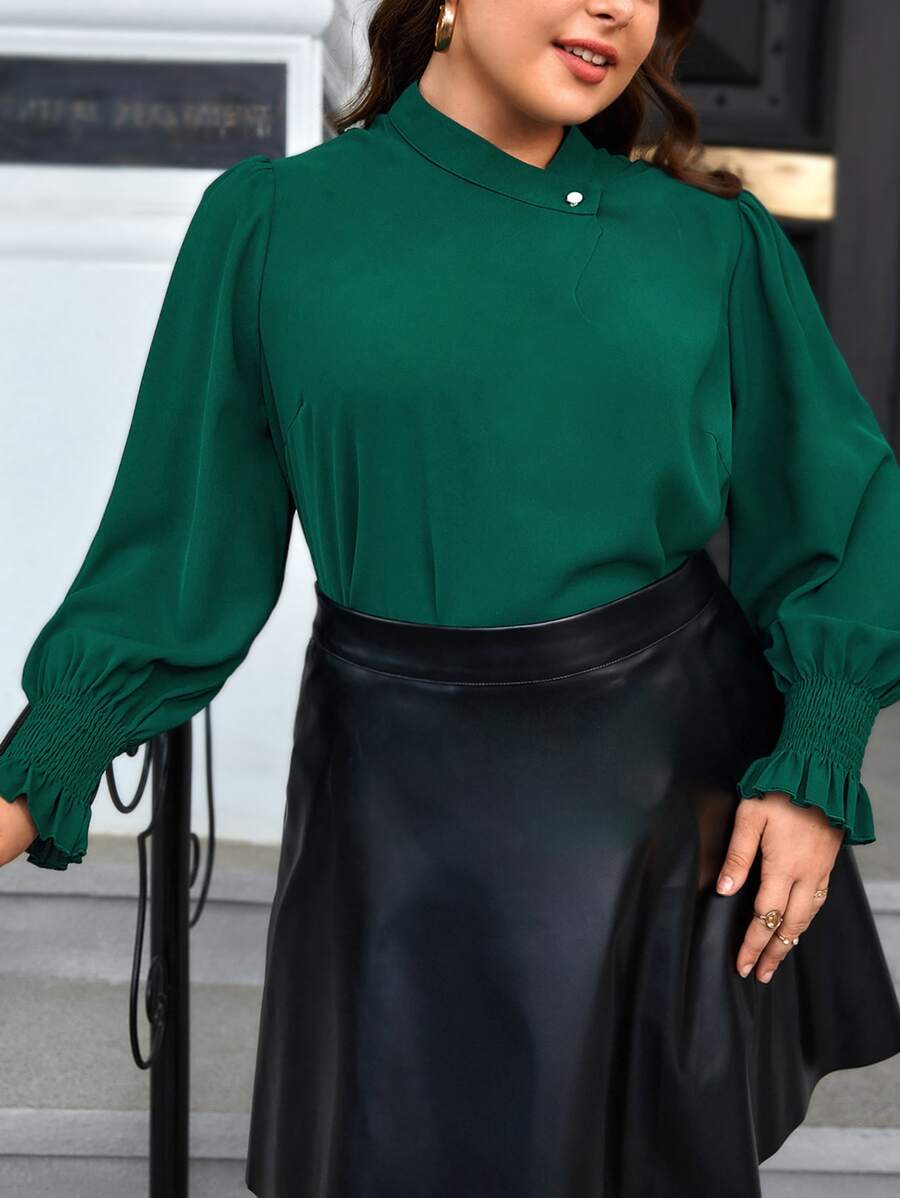 SHEIN Clasi Plus Asymmetrical Neck Puff Sleeve Blouse - Dark Green - View 1