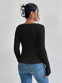 SHEIN Privé Asymmetrical Neck Cut Out Front Ribbed Knit Sweater - Black - View 2