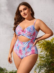大碼熱帶圖案扭結聚攏連身泳裝 - 彩色 - 查看 3