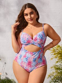 大碼熱帶圖案扭結聚攏連身泳裝 - 彩色 - 查看 4