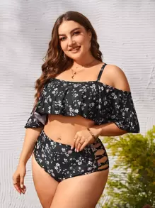 Plus Size Floral Print Crisscross Cut Out Flounce Bikini Set Summer Beach - Multicolor - View 1