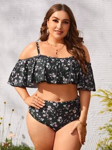 Plus Size Floral Print Crisscross Cut Out Flounce Bikini Set Summer Beach - Multicolor - View 3