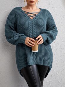 SHEIN LUNE Plus Crisscross Cable Knit Drop Shoulder Jumper - Teal Blue - View 1