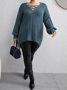 SHEIN LUNE Plus Crisscross Cable Knit Drop Shoulder Jumper - Teal Blue - View 3