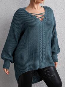 SHEIN LUNE Plus Crisscross Cable Knit Drop Shoulder Jumper - Teal Blue - View 4